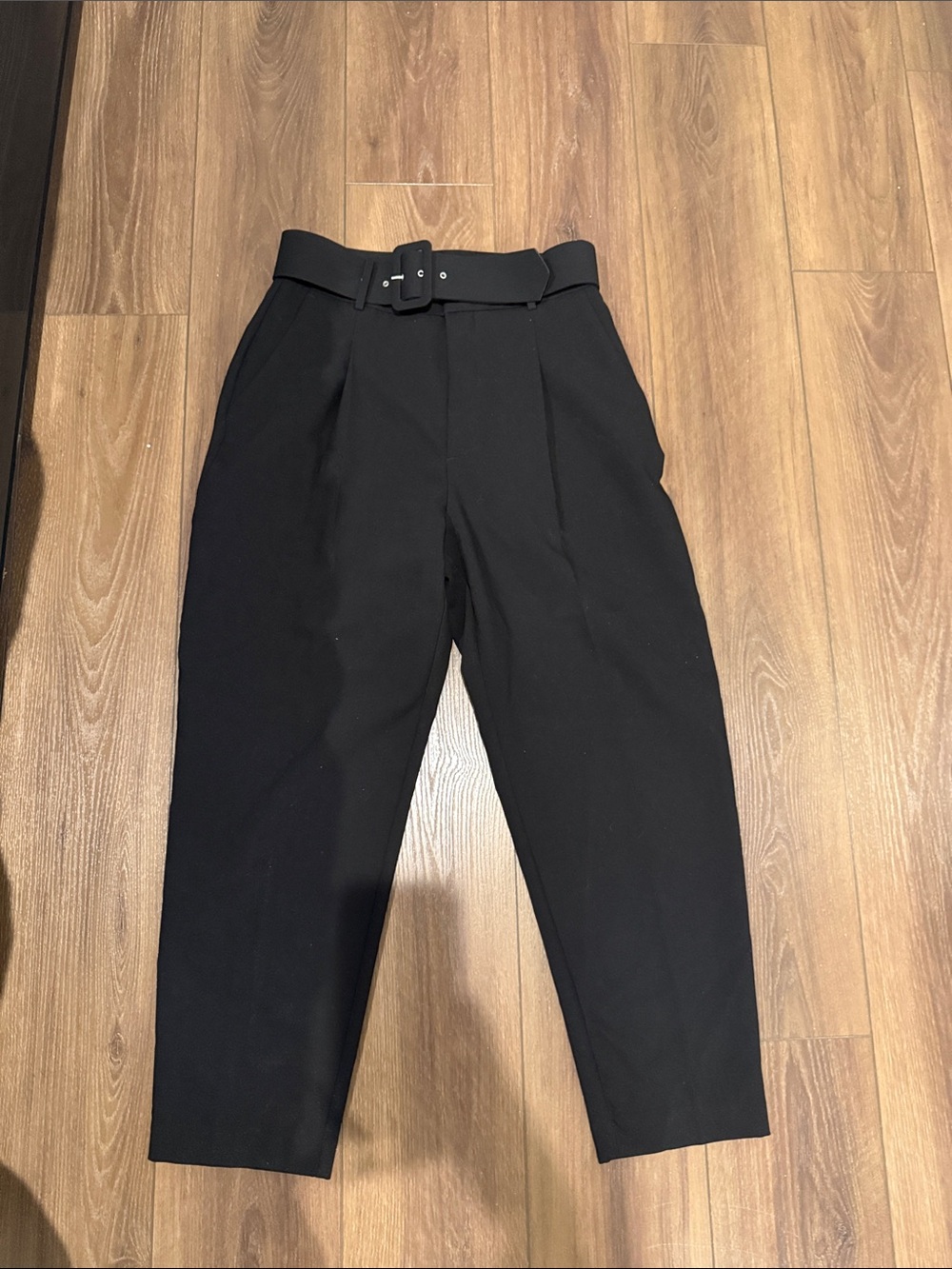 Zara Black High-Waist Tapered Belted Trousers